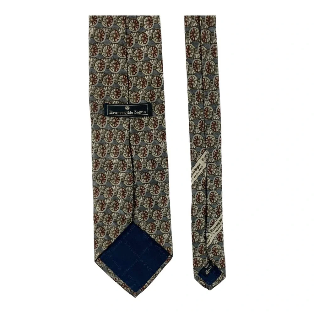 Ermenegildo Zegna Gray Tan Orange Medallion Pure Silk Tie 3.75 Inch Width